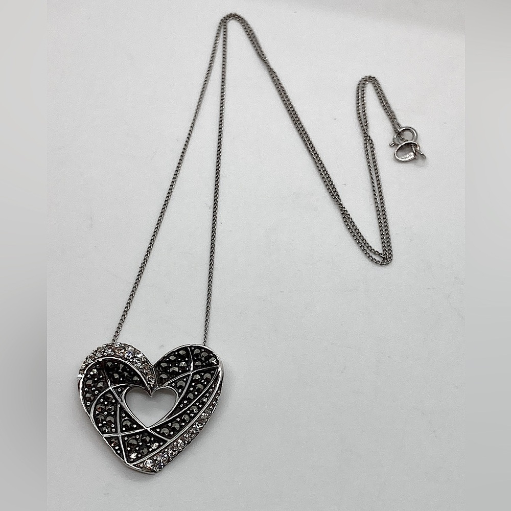 Vtg Sterling Marcasite & CZ Stone Heart Pendant Necklace | 18” + .9”